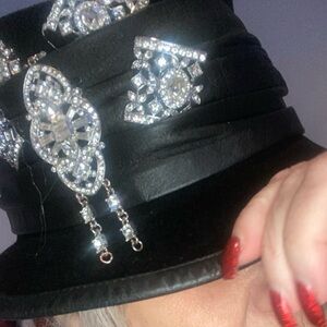 Vintage🖤 blk sueded wool with leather🎩 crystal embellish unique fabulousity 🎩